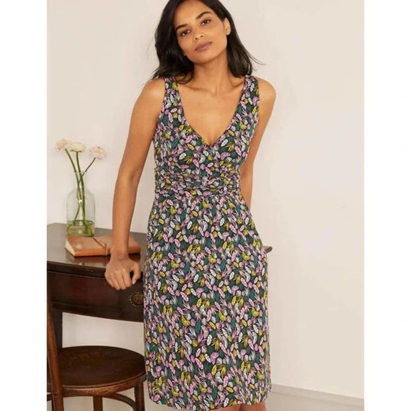 Boden‎ Effie V-Neck Sleeveless Jersey Dress Knee Length Leaf Wildflower Sprig 8P - Picture 1 of 6